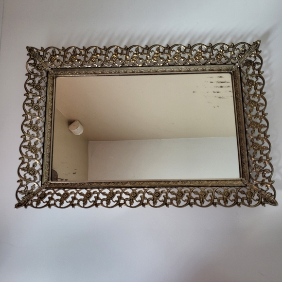 Vintage Ornate Openwork Brass Tone Metal Mirrored Vanity Tray - Picture 3 of 16